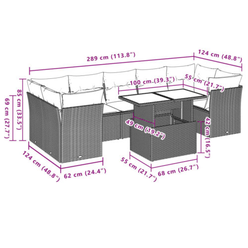 8-Piece Garden Sofa Set with Cushions Grey Poly Rattan Wicker Outdoor Patio Furniture - Image 10