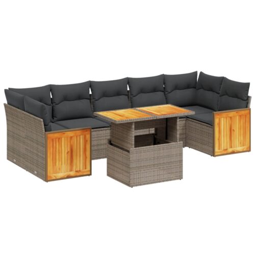 8-Piece Garden Sofa Set with Cushions Grey Poly Rattan Wicker Outdoor Patio Furniture