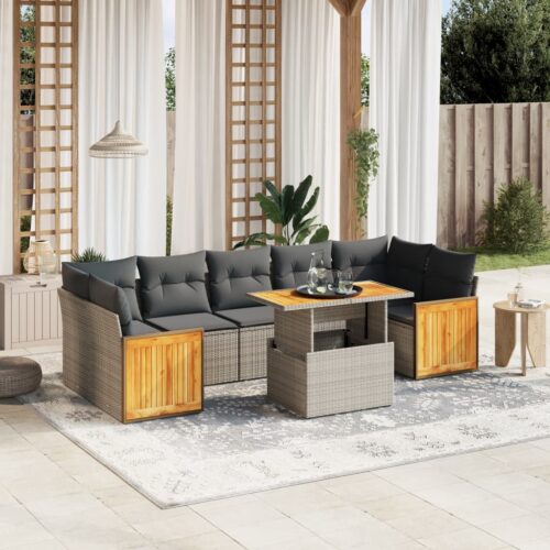 8-Piece Garden Sofa Set with Cushions Grey Poly Rattan Wicker Outdoor Patio Furniture - Image 2