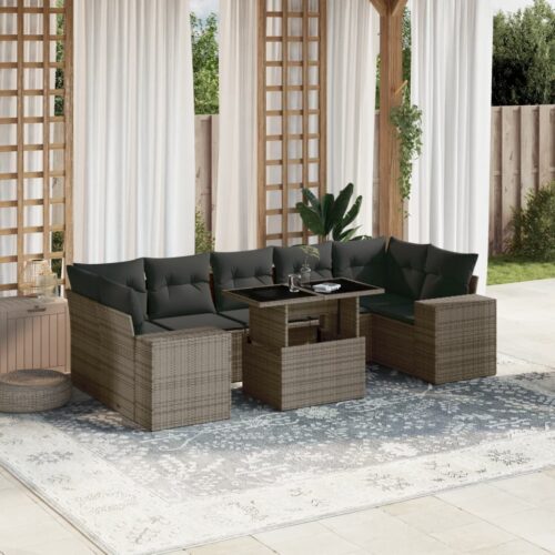 8-Piece Garden Sofa Set with Cushions Grey Poly Rattan Wicker Outdoor Patio Furniture - Image 2