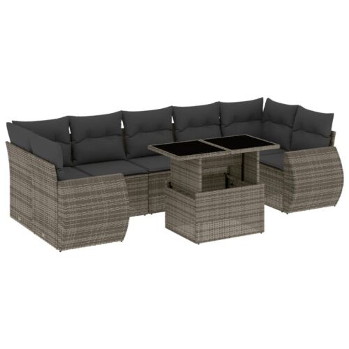 8-Piece Garden Sofa Set with Cushions Grey Poly Rattan Wicker Outdoor Patio Furniture