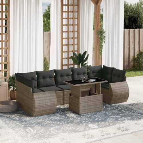 8-Piece Garden Sofa Set with Cushions Grey Poly Rattan Wicker Outdoor Patio Furniture - Image 2