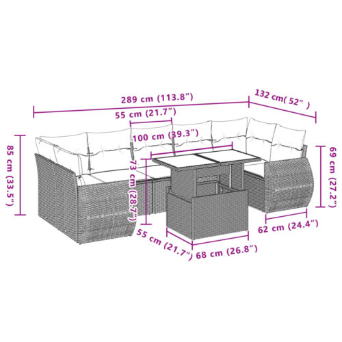 8-Piece Garden Sofa Set with Cushions Grey Poly Rattan Wicker Outdoor Patio Furniture - Image 10