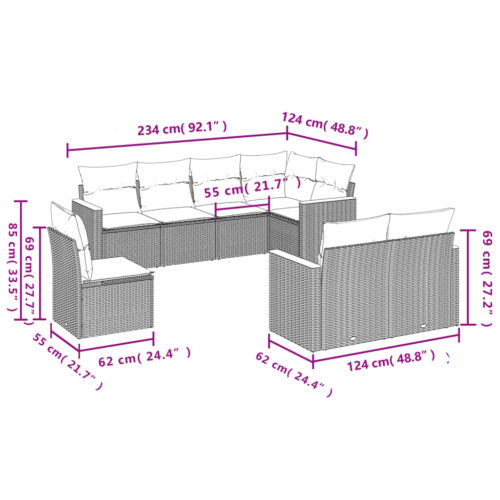8-Piece Garden Sofa Set with Cushions Mix Beige Poly Rattan Wicker Outdoor Patio Furniture - Image 7