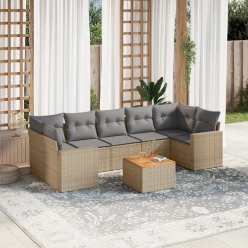 8-Piece Garden Sofa Set with Cushions Mix Beige Poly Rattan Wicker Outdoor Patio Furniture - Image 2