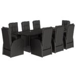 9-Piece Garden Dining Set with Cushions Black Poly Rattan Wicker Outdoor Patio Furniture