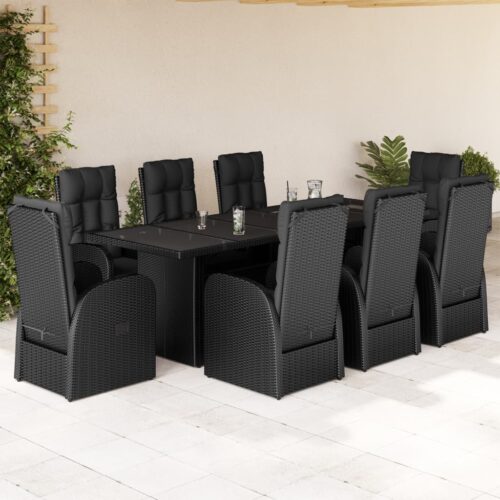 9-Piece Garden Dining Set with Cushions Black Poly Rattan Wicker Outdoor Patio Furniture - Image 2