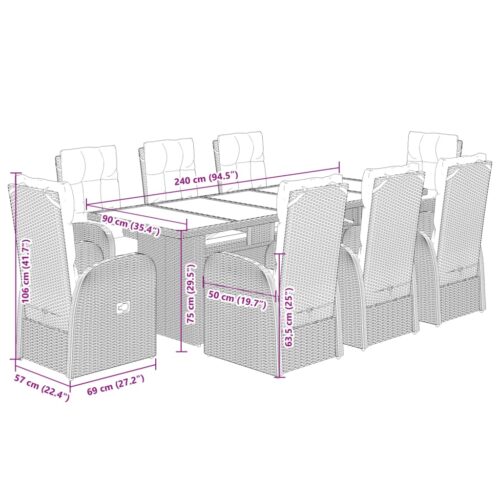 9-Piece Garden Dining Set with Cushions Black Poly Rattan Wicker Outdoor Patio Furniture - Image 7