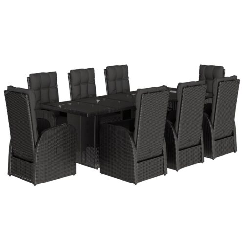 9-Piece Garden Dining Set with Cushions Black Poly Rattan Wicker Outdoor Patio Furniture - Image 11