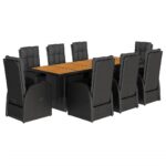9-Piece Garden Dining Set with Cushions Black Poly Rattan Wicker Outdoor Patio Furniture