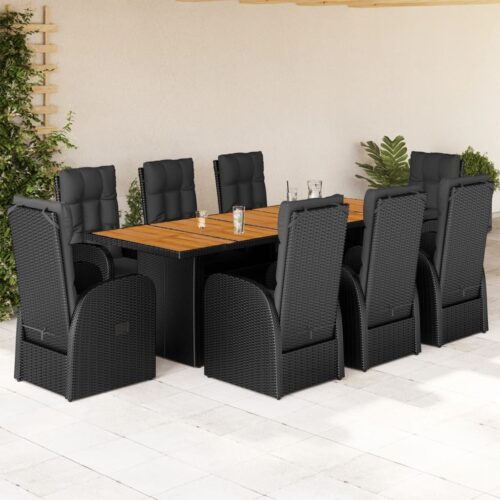 9-Piece Garden Dining Set with Cushions Black Poly Rattan Wicker Outdoor Patio Furniture - Image 2