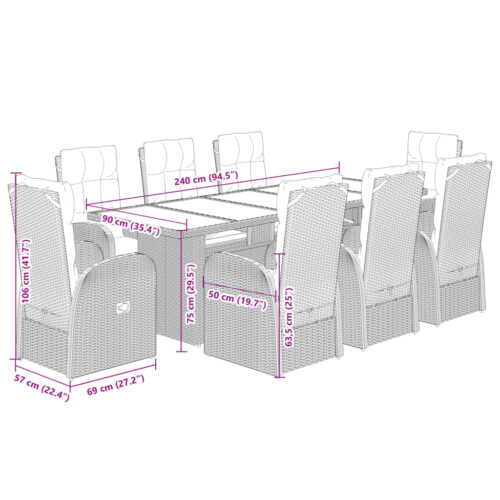 9-Piece Garden Dining Set with Cushions Black Poly Rattan Wicker Outdoor Patio Furniture - Image 7