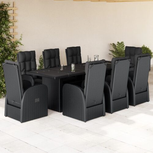 9-Piece Garden Dining Set with Cushions Black Poly Rattan Wicker Outdoor Patio Furniture - Image 2