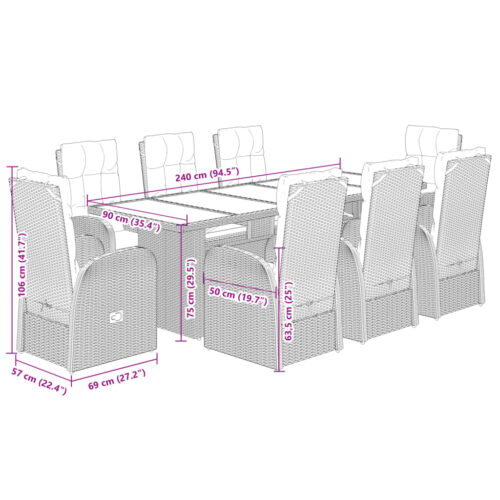 9-Piece Garden Dining Set with Cushions Black Poly Rattan Wicker Outdoor Patio Furniture - Image 8