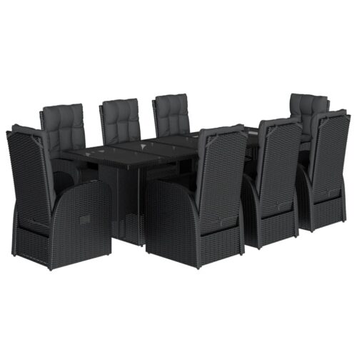 9-Piece Garden Dining Set with Cushions Black Poly Rattan Wicker Outdoor Patio Furniture - Image 13