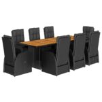 9-Piece Garden Dining Set with Cushions Black Poly Rattan Wicker Outdoor Patio Furniture