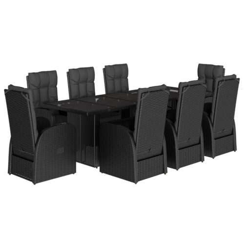 9-Piece Garden Dining Set with Cushions Black Poly Rattan Wicker Outdoor Patio Furniture