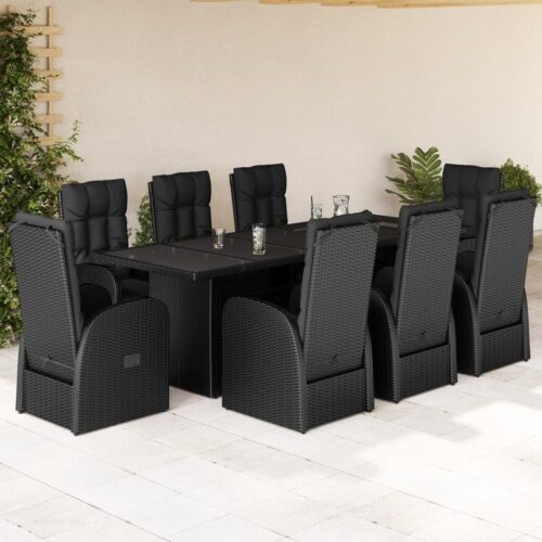 9-Piece Garden Dining Set with Cushions Black Poly Rattan Wicker Outdoor Patio Furniture - Image 2