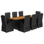 9-Piece Garden Dining Set with Cushions Black Poly Rattan Wicker Outdoor Patio Furniture
