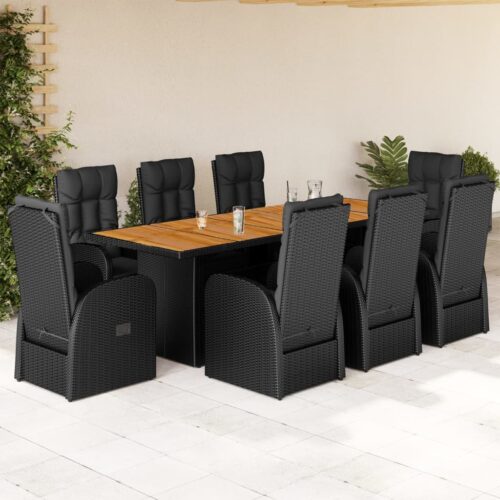 9-Piece Garden Dining Set with Cushions Black Poly Rattan Wicker Outdoor Patio Furniture - Image 2