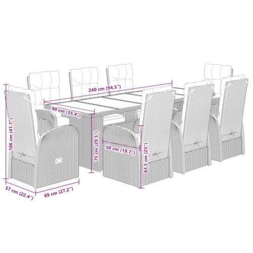 9-Piece Garden Dining Set with Cushions Black Poly Rattan Wicker Outdoor Patio Furniture - Image 7