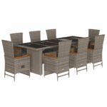 9-Piece Garden Dining Set with Cushions Grey Poly Rattan Wicker Outdoor Patio Furniture