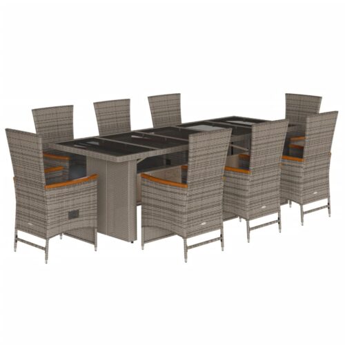 9-Piece Garden Dining Set with Cushions Grey Poly Rattan Wicker Outdoor Patio Furniture