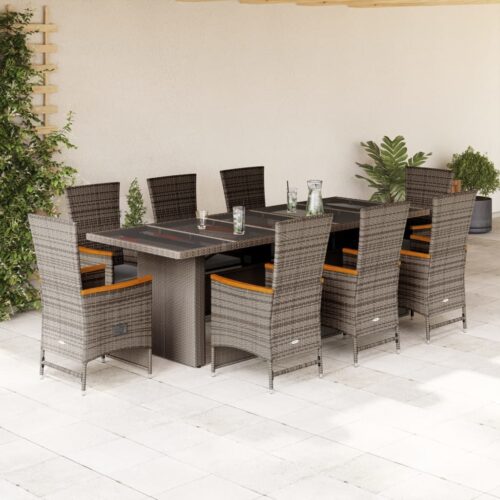 9-Piece Garden Dining Set with Cushions Grey Poly Rattan Wicker Outdoor Patio Furniture - Image 2