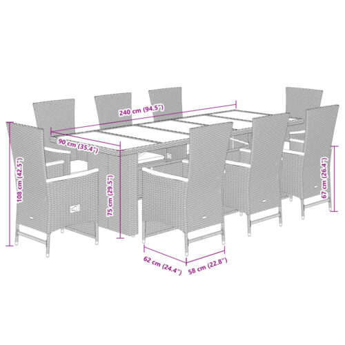 9-Piece Garden Dining Set with Cushions Grey Poly Rattan Wicker Outdoor Patio Furniture - Image 7