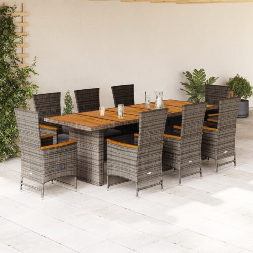 9-Piece Garden Dining Set with Cushions Grey Poly Rattan Wicker Outdoor Patio Furniture - Image 2