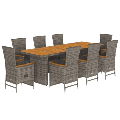 9-Piece Garden Dining Set with Cushions Grey Poly Rattan Wicker Outdoor Patio Furniture - Image 11
