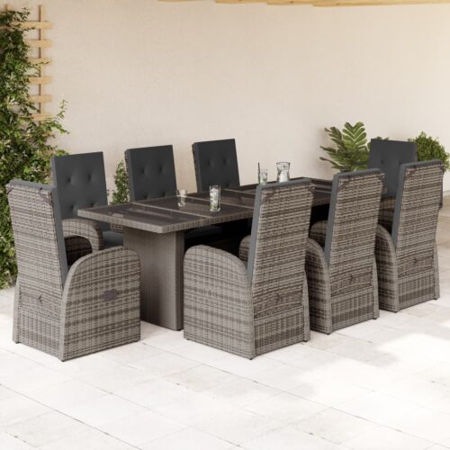 9-Piece Garden Dining Set with Cushions Grey Poly Rattan Wicker Outdoor Patio Furniture - Image 2