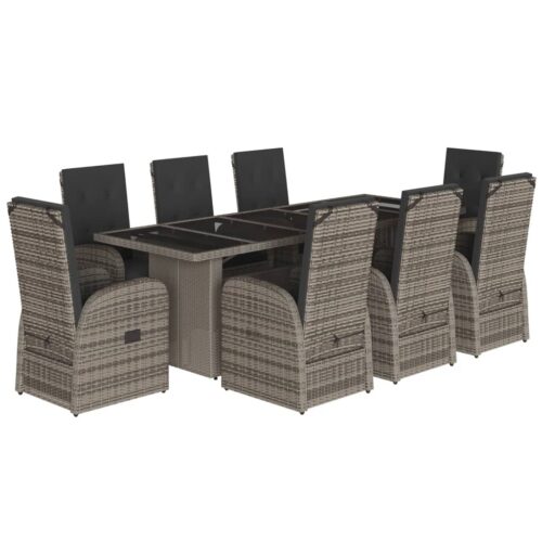 9-Piece Garden Dining Set with Cushions Grey Poly Rattan Wicker Outdoor Patio Furniture - Image 11
