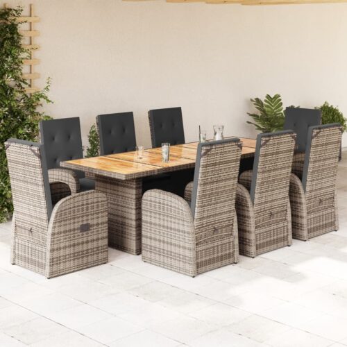 9-Piece Garden Dining Set with Cushions Grey Poly Rattan Wicker Outdoor Patio Furniture - Image 2