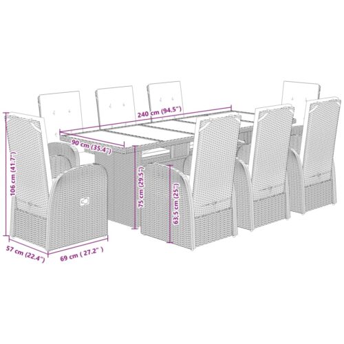 9-Piece Garden Dining Set with Cushions Grey Poly Rattan Wicker Outdoor Patio Furniture - Image 7