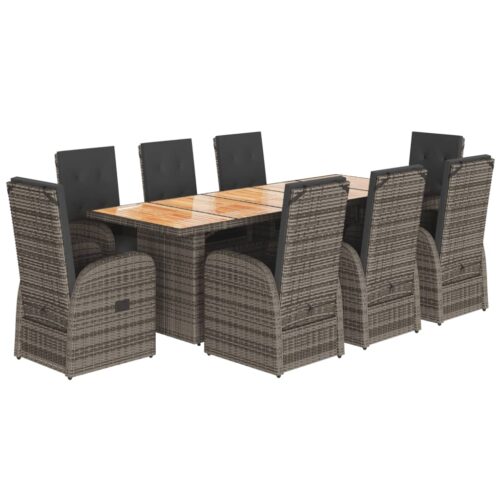 9-Piece Garden Dining Set with Cushions Grey Poly Rattan Wicker Outdoor Patio Furniture - Image 11