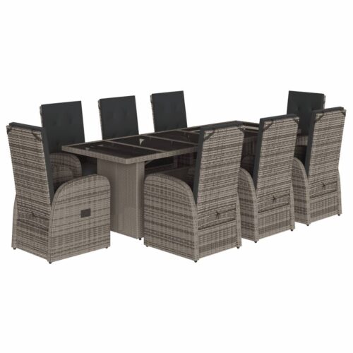 9-Piece Garden Dining Set with Cushions Grey Poly Rattan Wicker Outdoor Patio Furniture