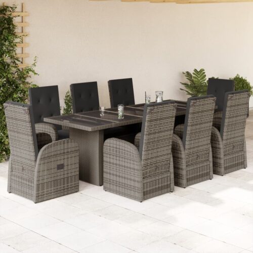9-Piece Garden Dining Set with Cushions Grey Poly Rattan Wicker Outdoor Patio Furniture - Image 2
