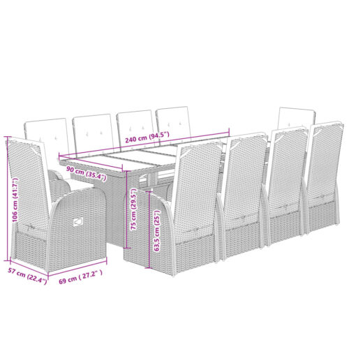 9-Piece Garden Dining Set with Cushions Grey Poly Rattan Wicker Outdoor Patio Furniture - Image 8