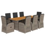 9-Piece Garden Dining Set with Cushions Grey Poly Rattan Wicker Outdoor Patio Furniture