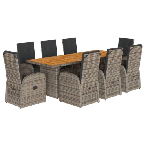 9-Piece Garden Dining Set with Cushions Grey Poly Rattan Wicker Outdoor Patio Furniture