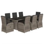 9-Piece Garden Dining Set with Cushions Grey Poly Rattan Wicker Outdoor Patio Furniture
