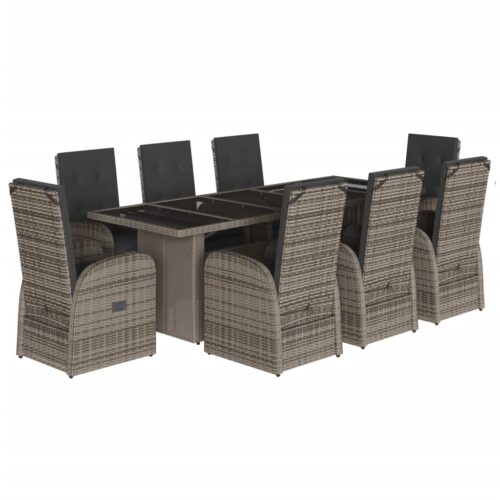 9-Piece Garden Dining Set with Cushions Grey Poly Rattan Wicker Outdoor Patio Furniture