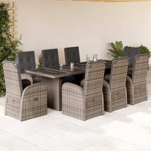 9-Piece Garden Dining Set with Cushions Grey Poly Rattan Wicker Outdoor Patio Furniture - Image 2