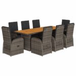 9-Piece Garden Dining Set with Cushions Grey Poly Rattan Wicker Outdoor Patio Furniture