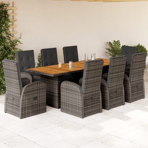 9-Piece Garden Dining Set with Cushions Grey Poly Rattan Wicker Outdoor Patio Furniture - Image 2
