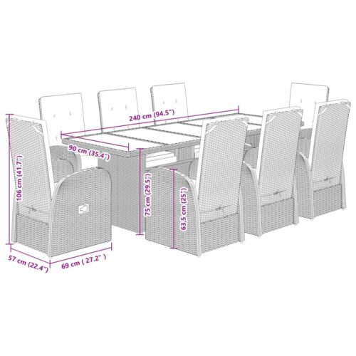 9-Piece Garden Dining Set with Cushions Grey Poly Rattan Wicker Outdoor Patio Furniture - Image 7