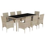 9-Piece Garden Dining Set with Cushions Light Grey Poly Rattan Wicker Outdoor Patio Furniture Glass