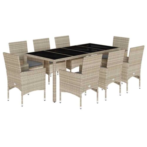 9-Piece Garden Dining Set with Cushions Light Grey Poly Rattan Wicker Outdoor Patio Furniture Glass