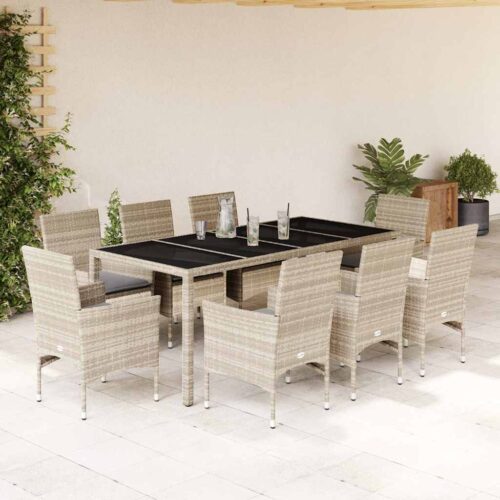 9-Piece Garden Dining Set with Cushions Light Grey Poly Rattan Wicker Outdoor Patio Furniture Glass - Image 2